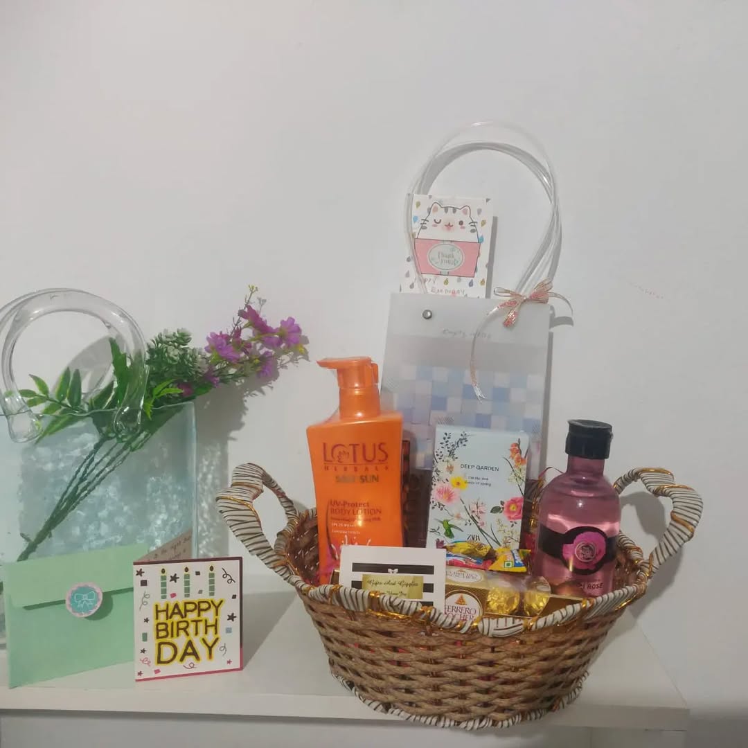 Birthday gift box with premium items and a card